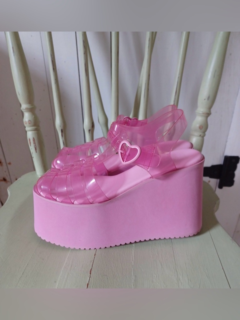 Sugar Thrillz Pink Heart-Buckle Platform Jelly Sandals - Picture 6 of 10
